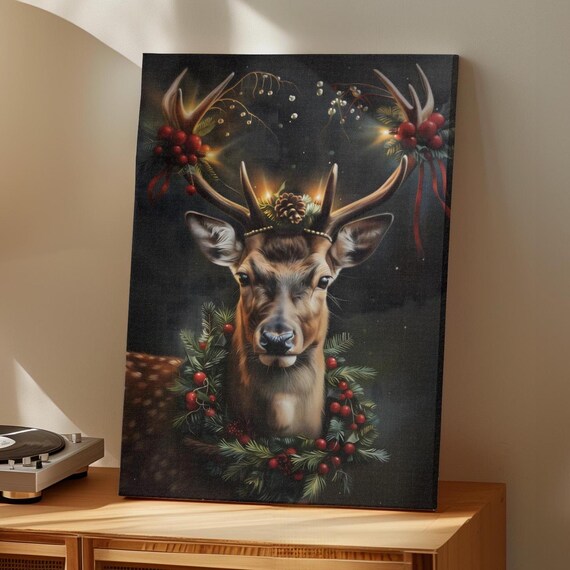Majestic Reindeer with Festive Antlers Christmas Dark Portrait Art Poster