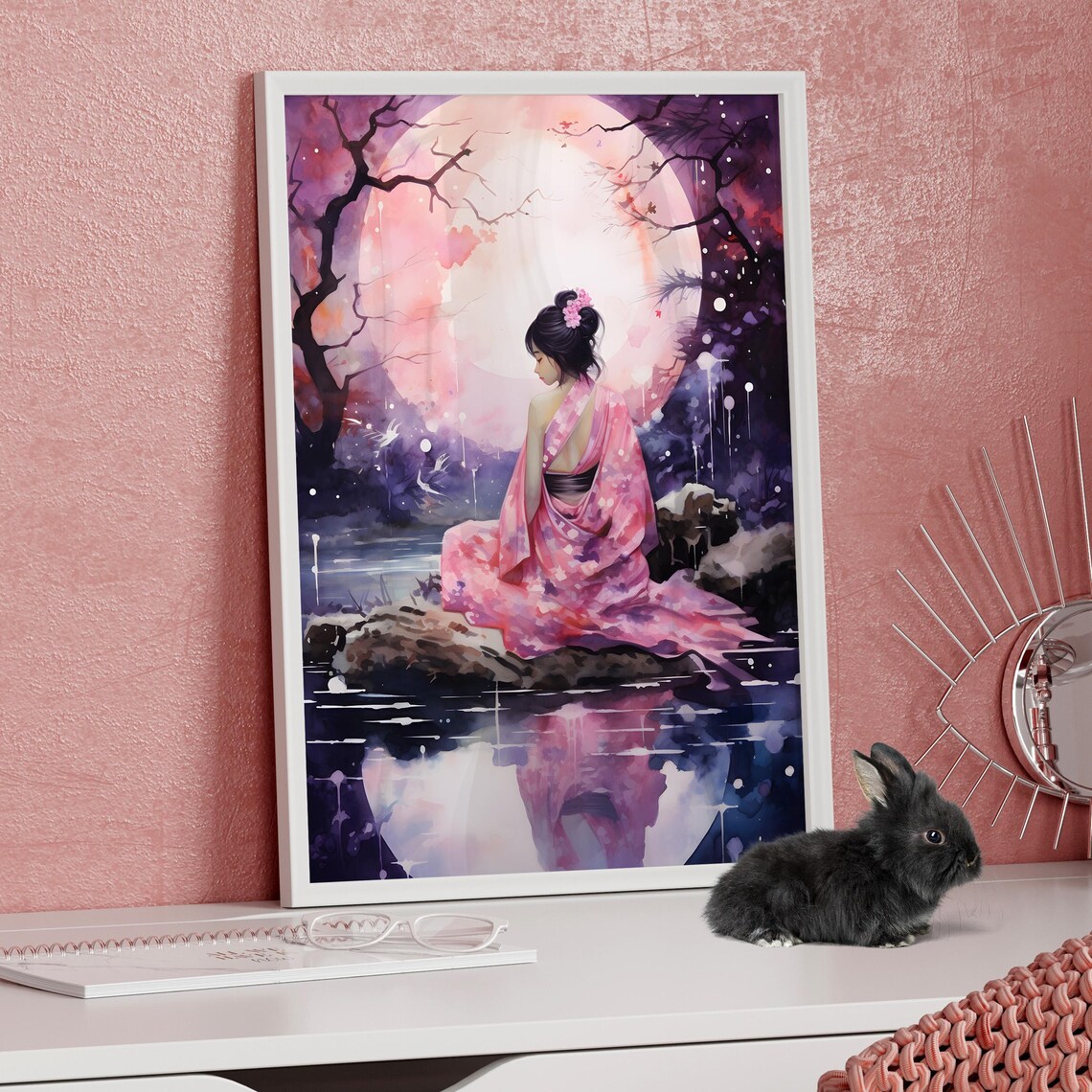 Japanese Woman in Pink Kimono by Moonlit Pond Watercolor Art Poster