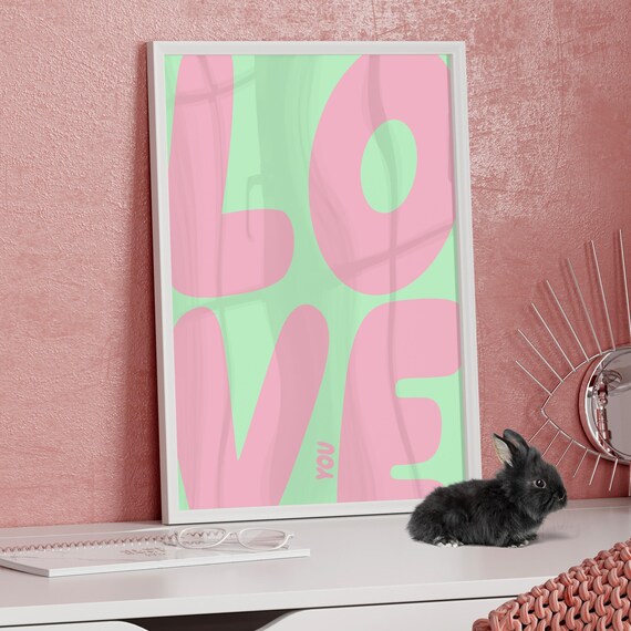 Love You Neutral Mint Green And Pink Typography Wall Art Poster Or Canvas Print Bold Text Cool Above Bed Girly Preppy