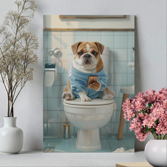 Dog Sitting On Toilet With Mobile Phone Art Print Or Canvas Whimsical The Poster Funny Animal Bathroom Wall Decor