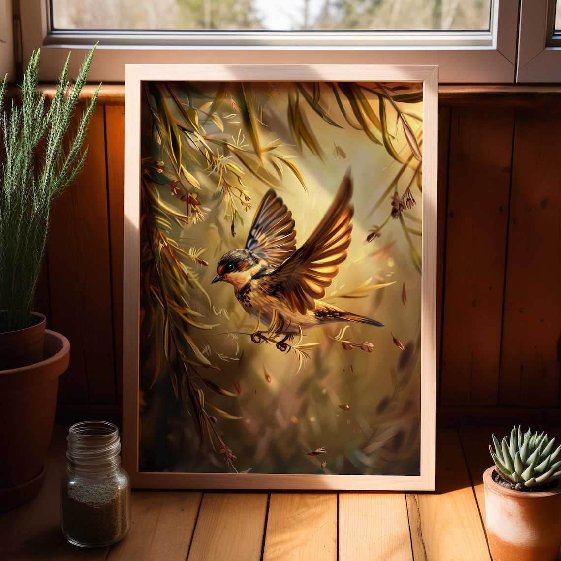 Small Songbird in Flight Among Golden Leaves Bird Art Poster