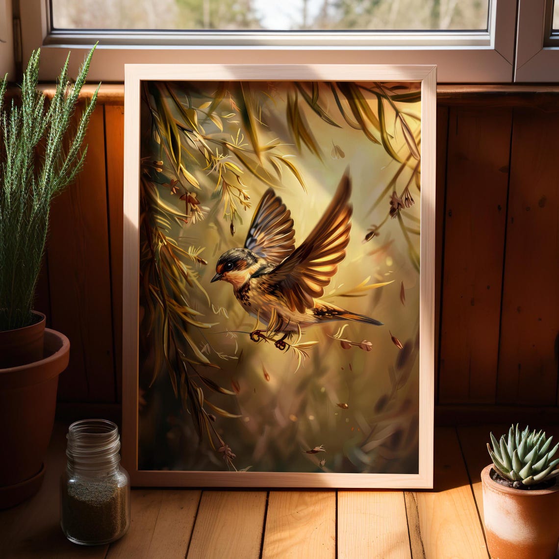 Willow Warbler Bird Spring Art Print Realistic Style Poster Or Canvas Whimsical Nature Wall Botanical Farmhouse Decor