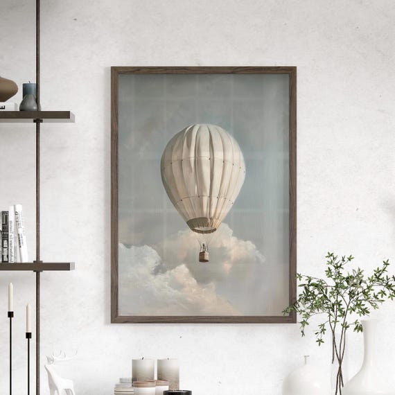 White Hot Air Balloon In The Sky Vintage Art Print Poster Or Canvas Whimsical Wall Soaring
