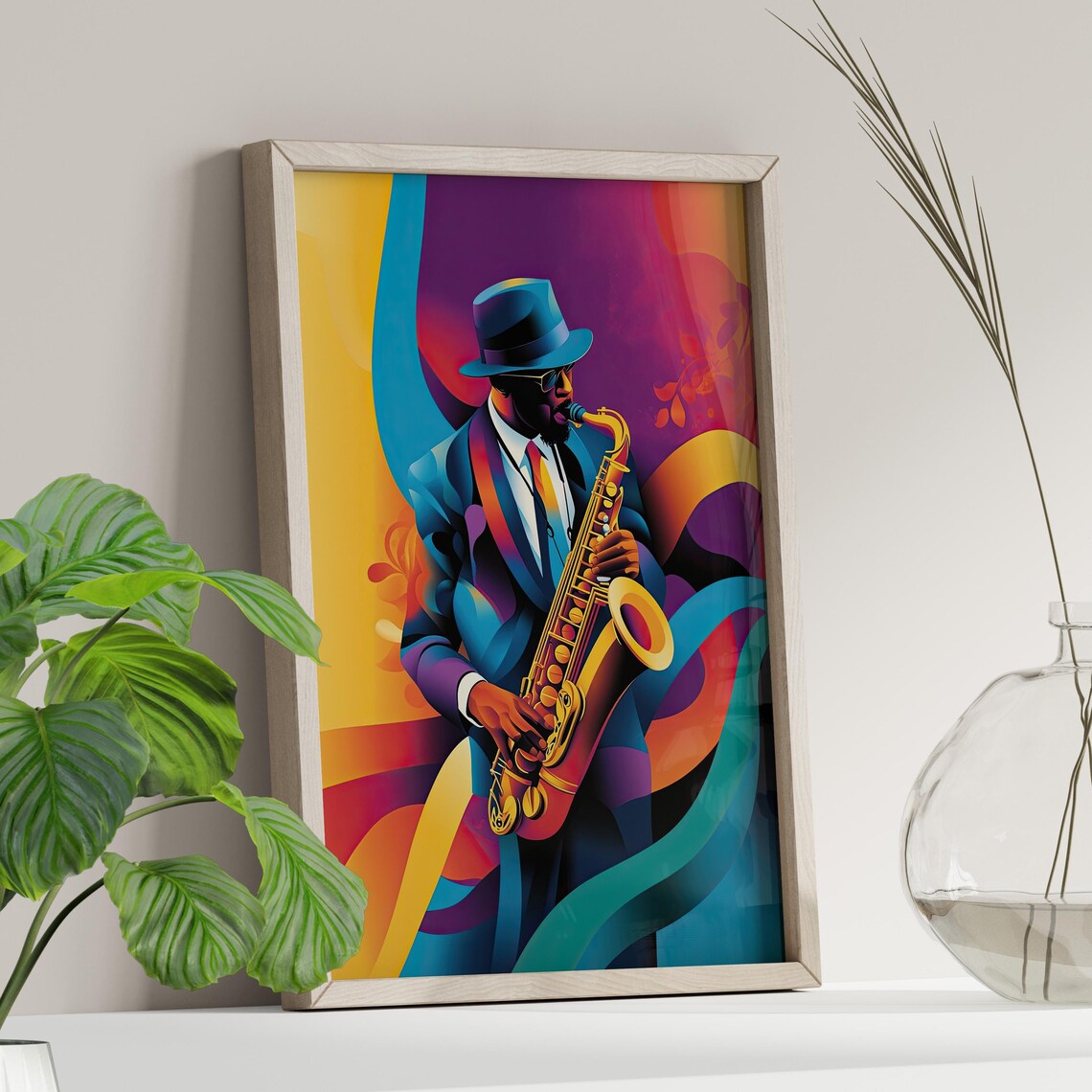 Vibrant Jazz Saxophonist In Fedora Abstract Soul Music Art Print