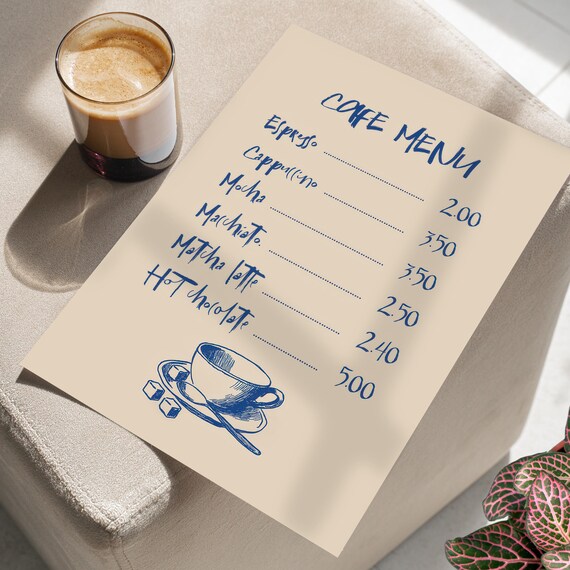 Hand Drawn Blue Cafe Menu Espresso Coffee Kitchen Decor Wall Art