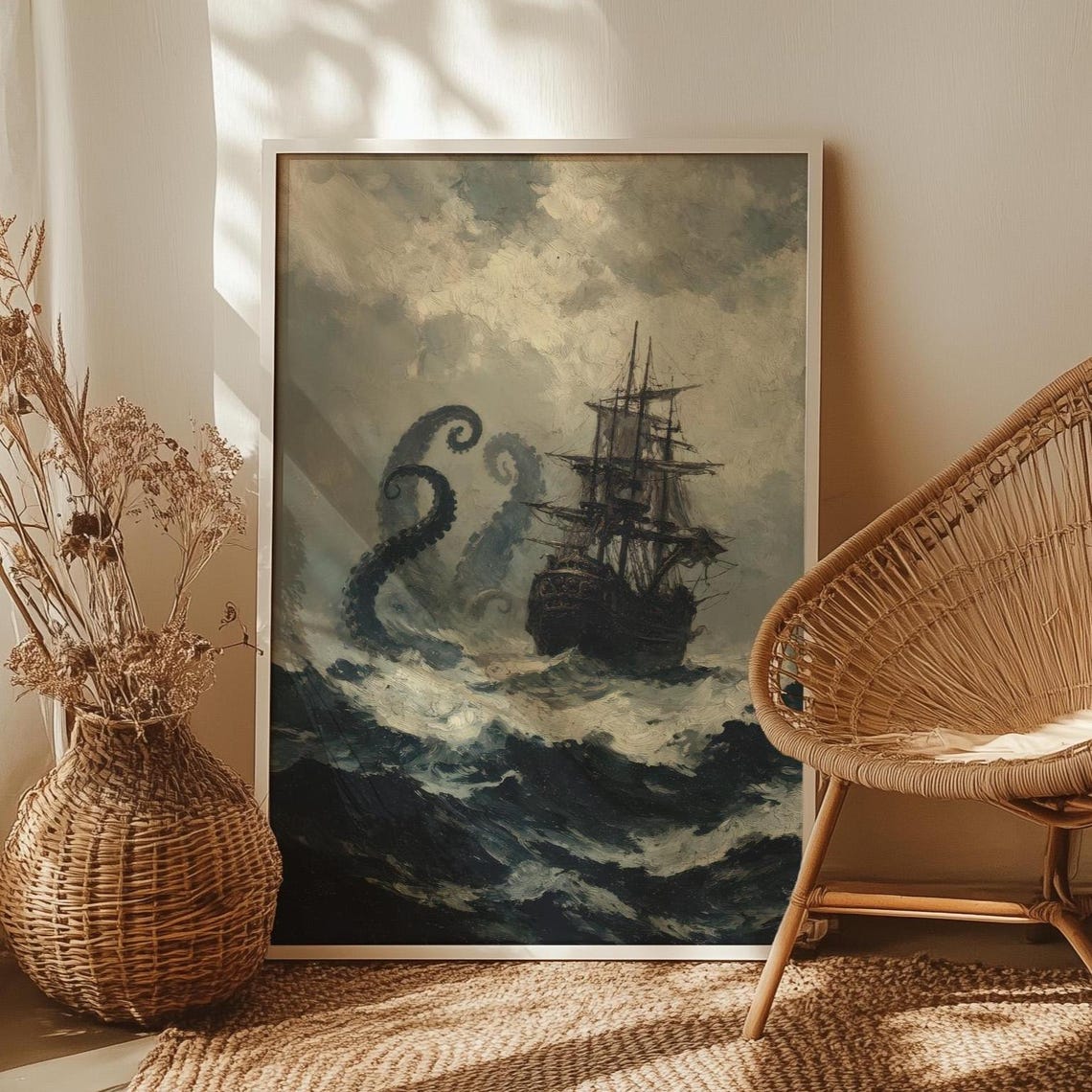 Kraken Attacking Tall Ship Moody Dark Seascape Nautical Poster