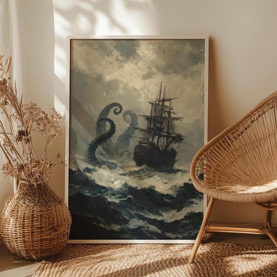 Kraken And Ship Nautical Wall Art Poster Or Canvas Print Moody Dark Seascape Vintage Maritime Ocean Decor Antique Painting