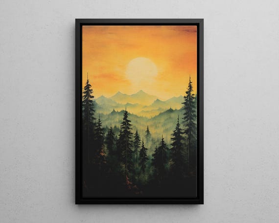 Oil Painting Style Mountain Pine Forest Wall Art Or Canvas Sunset Print Modern Home Room Decor For Nature Lover