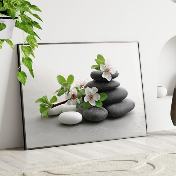 Floral Zen Stones Wall Art Poster Or Canvas Print Minimalist Bathroom Yoga Studio Decor Modern Stack Housewarming Gift
