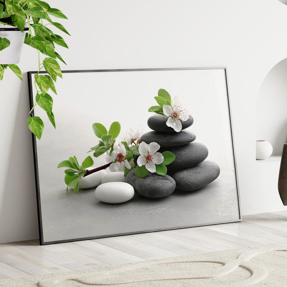 Floral Zen Stones Wall Art Poster Or Canvas Print Minimalist Bathroom Yoga Studio Decor Modern Stack Housewarming Gift