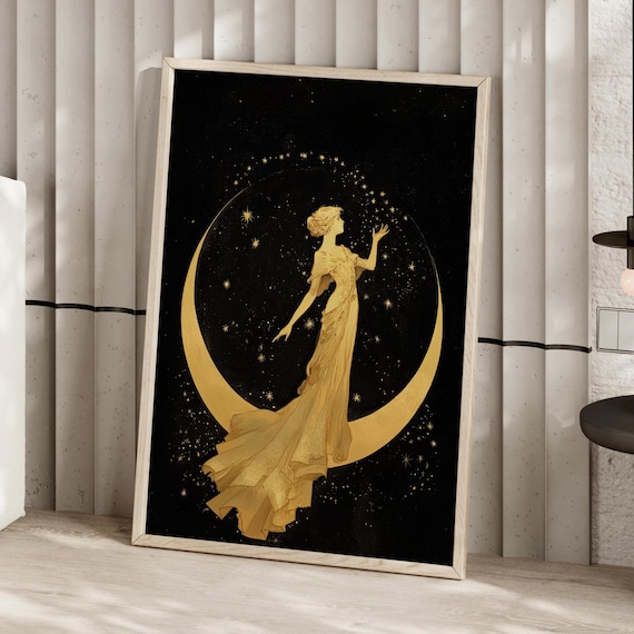 Vintage Moon Lady Wall Art Poster Or Canvas Print Celestial Woman On Crescent Boho Lunar Starry Night Black Gold Decor