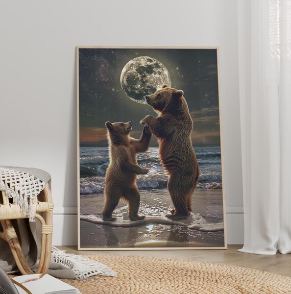 Mother Bear And Cub Dancing Under Moonlight On The Beach Art Poster