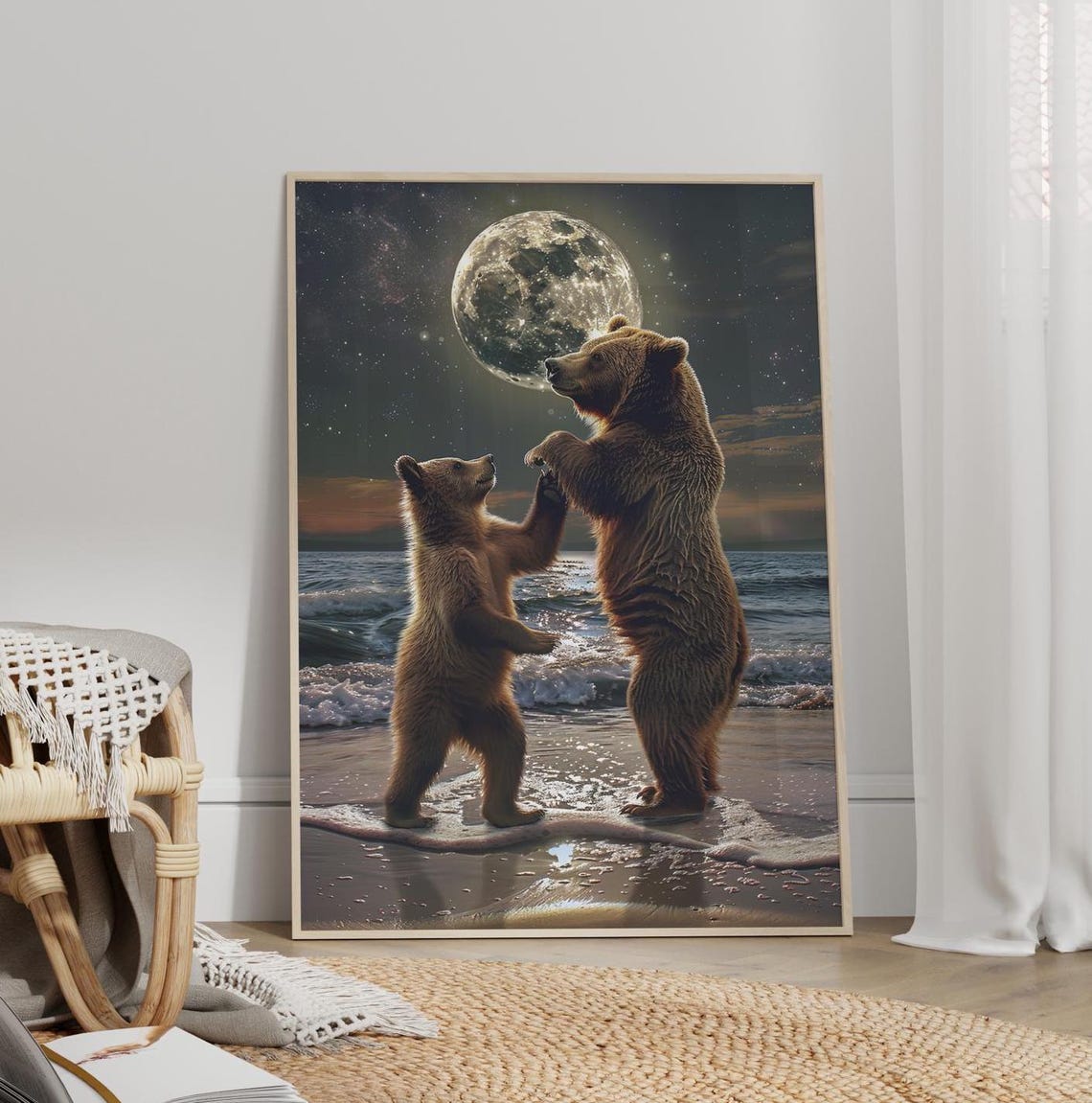Mother Bear And Cub Dancing Under Moonlight On The Beach Art Poster