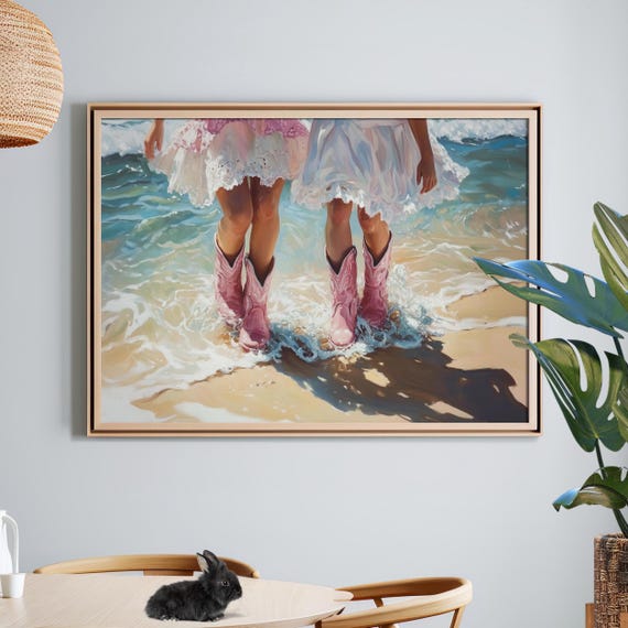 Girls Preppy Pink Cowgirl Boots Oil Painting Poster Or Canvas Print In Wall Art Vintage Room Decor