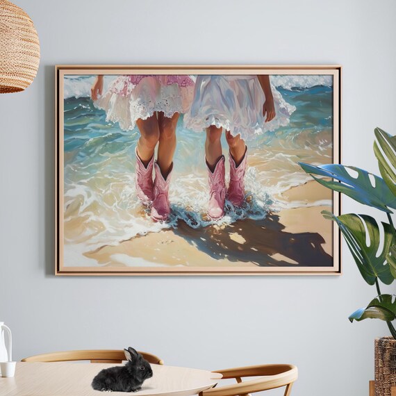 Two Women in Pink Cowboy Boots Wading in Beach Surf Art Poster