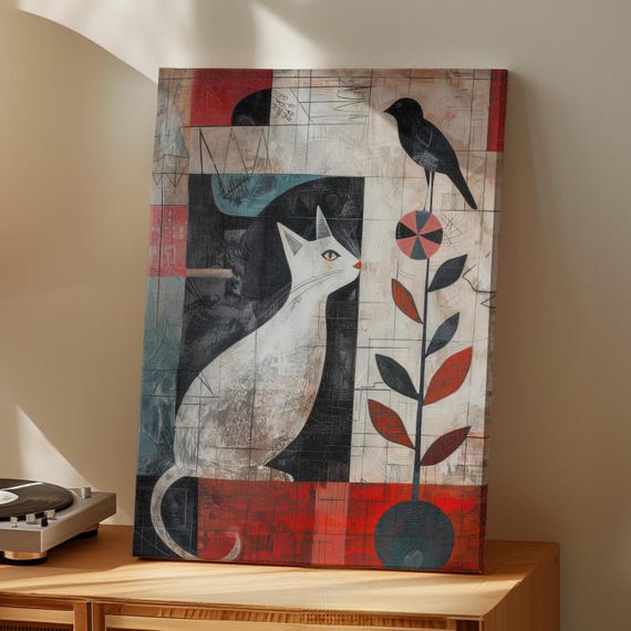 Cat Caught The Bird Abstract Geometric Animal Art Poster Or Canvas Print And Wall Boho Decor Kitten Maximalist