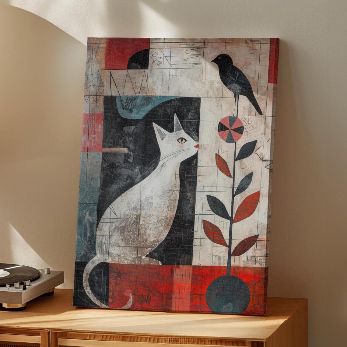 Abstract Cat And Bird Geometric Mid Century Modern Animal Poster