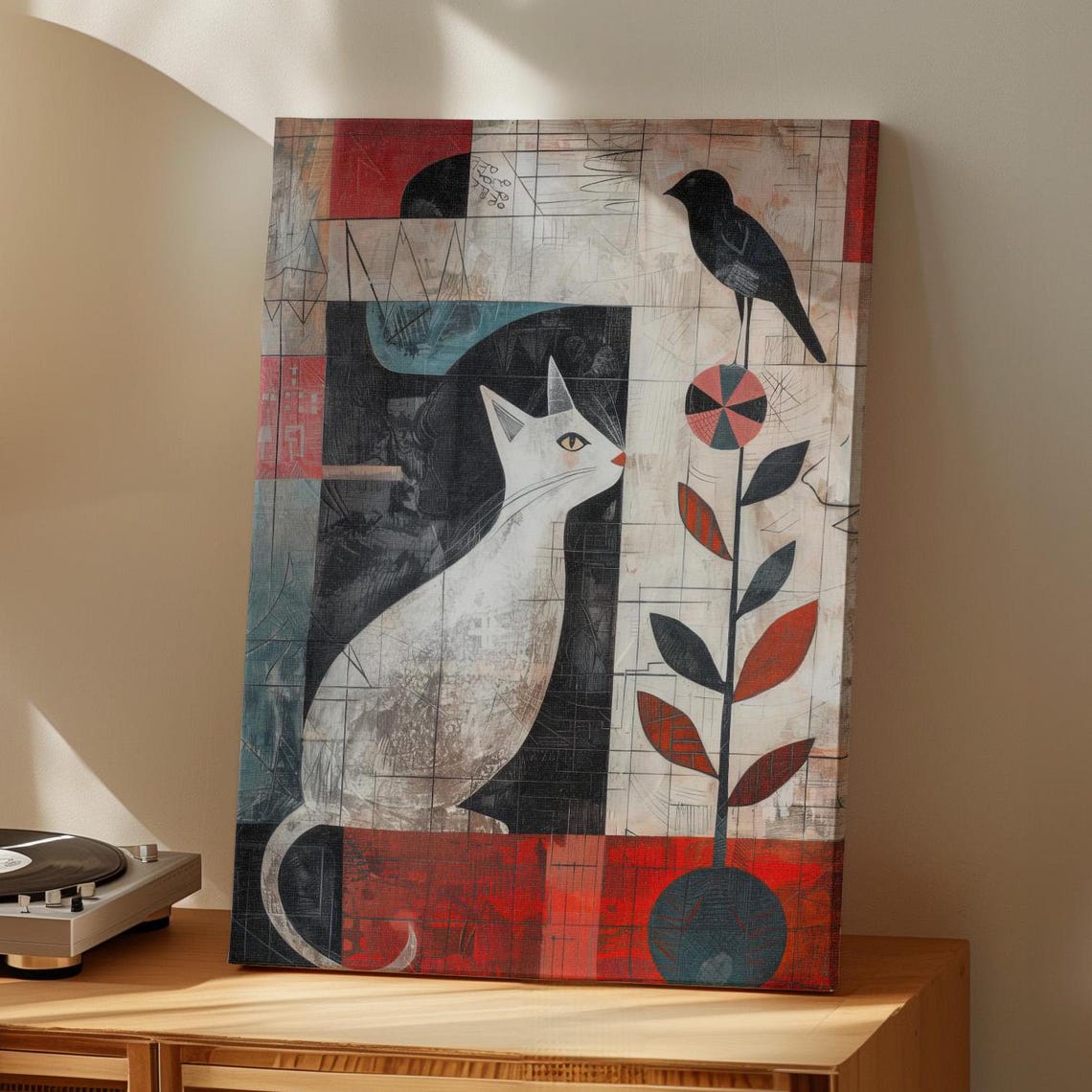 Cat Caught The Bird Abstract Geometric Animal Art Poster Or Canvas Print And Wall Boho Decor Kitten Maximalist