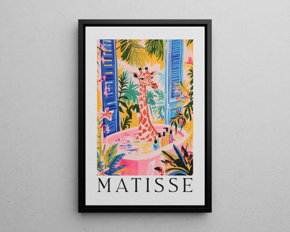 Giraffe In Bathtub Wall Art Poster Or Canvas Print Funny Bathroom Henri Matisse Artwork Maximalist Animal Whimsy