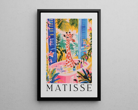 Giraffe in Pink Bathtub Matisse Tropical Maximalist Art Poster