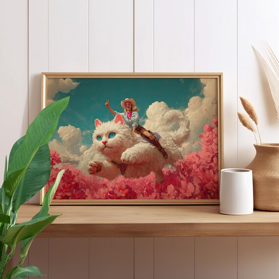 Cowgirl Riding Giant White Cat Surreal Western Whimsy Poster