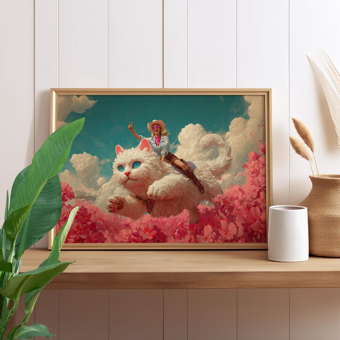 Cowgirl Riding Giant White Cat Surreal Western Whimsy Poster