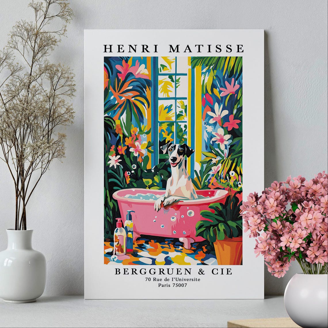 Greyhound in Pink Bathtub Funny Bathroom Matisse Style Poster