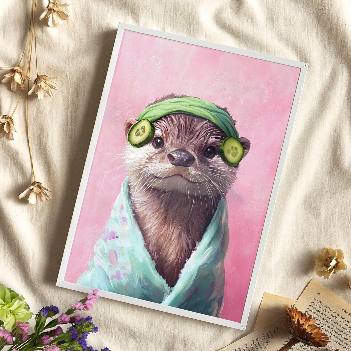 Cute Otter Enjoying Spa Day Cucumber Mask Funny Animal Poster