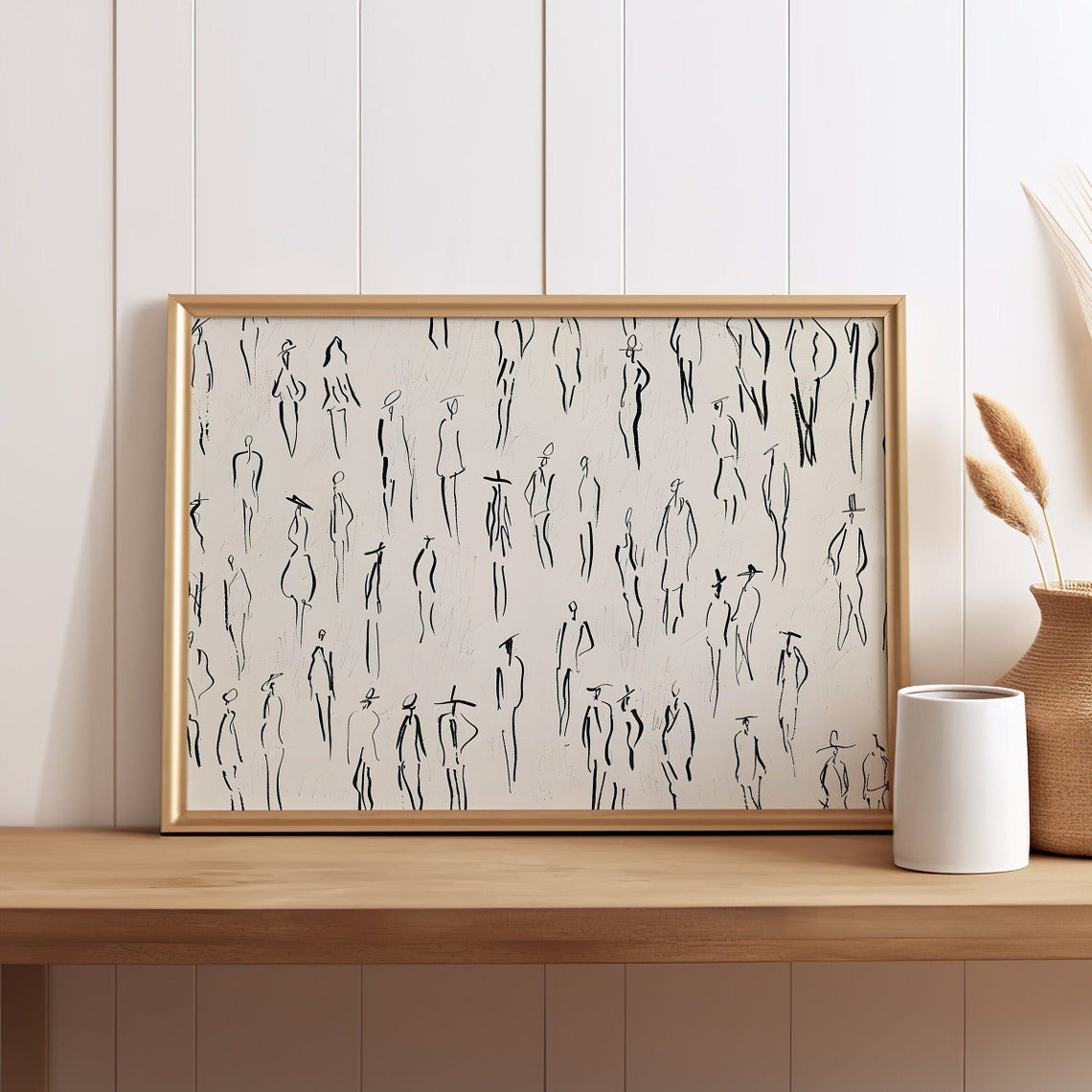 Minimalist Line Art Crowd Of Human Figures Sketch Drawing Print
