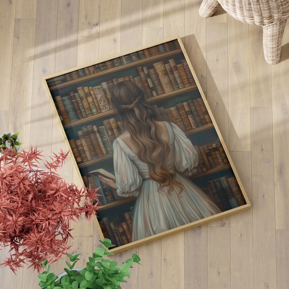 Bookworm Girl Browsing Old Library Vintage Reading Art Poster