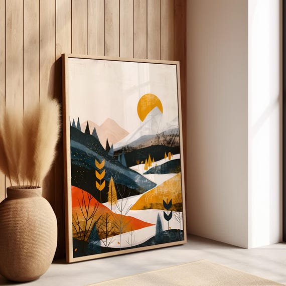 Sun And Mountain River Illustration Abstract Wall Art Poster Or Canvas Print Modern Neutral Nature Retro Minimalist Boho Home Decor