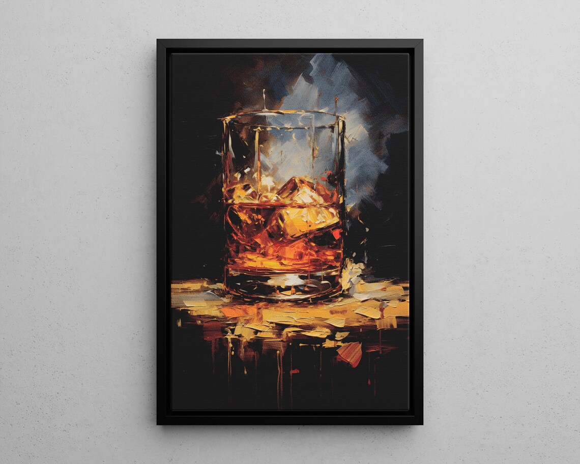 Oil Painting Style Whiskey Glass With Ice Bar Cart Man Cave Poster