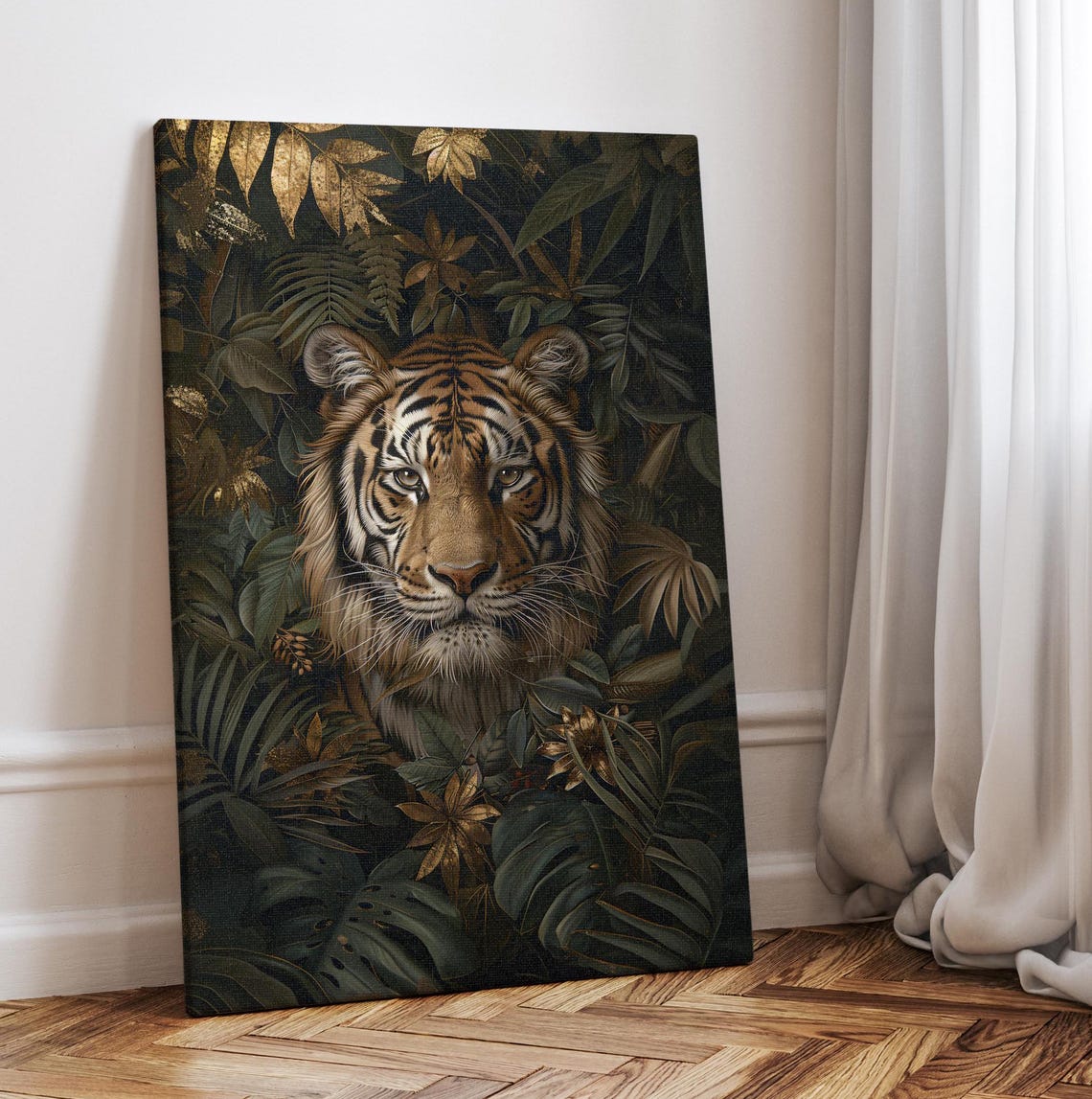 Tiger Emerging from Dark Jungle Foliage Botanical Wildlife Wall Art