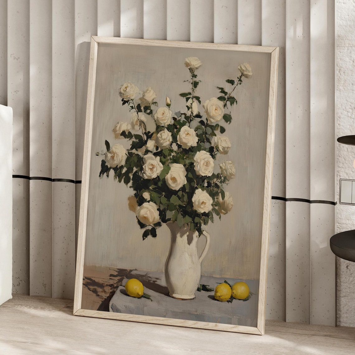 White Roses And Lemons In Pitcher Vintage Oil Painting Still Life Poster