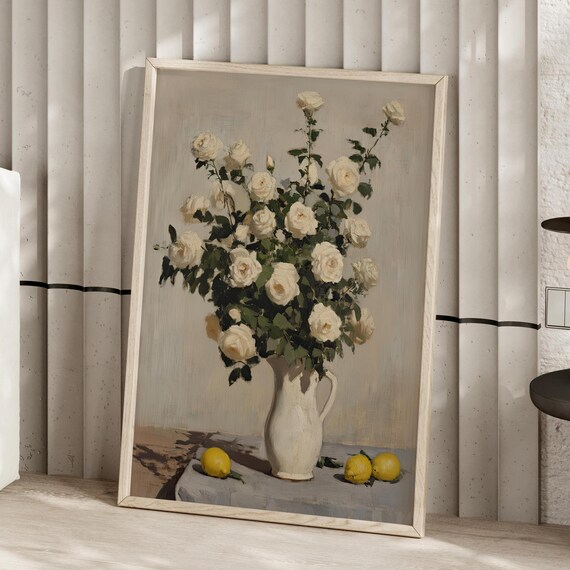 White Roses And Lemons In Pitcher Vintage Oil Painting Still Life Poster
