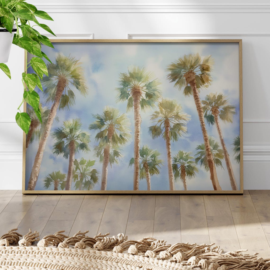 Tall Palm Trees Against Soft Blue Sky Watercolor Beach Poster