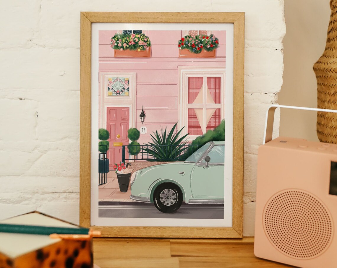 London Pink House Travel Poster, Pastel Art Print