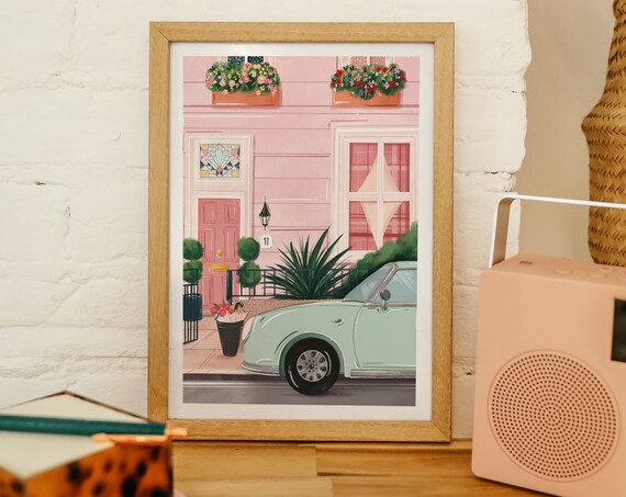 London Pink House Travel Poster, Pastel Art Print
