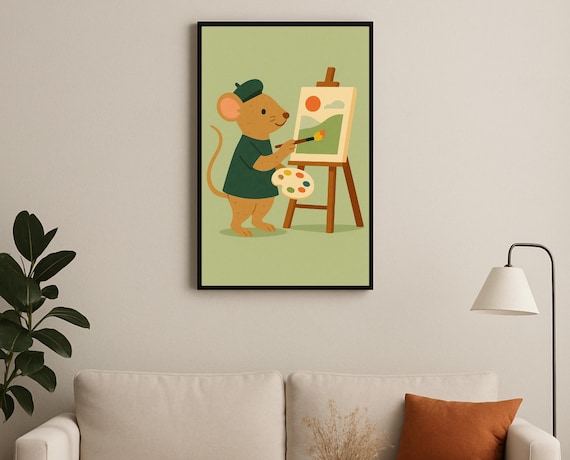 Artist Mouse Painter Poster Easel Beret Cute Animal Nursery Kids Decor
