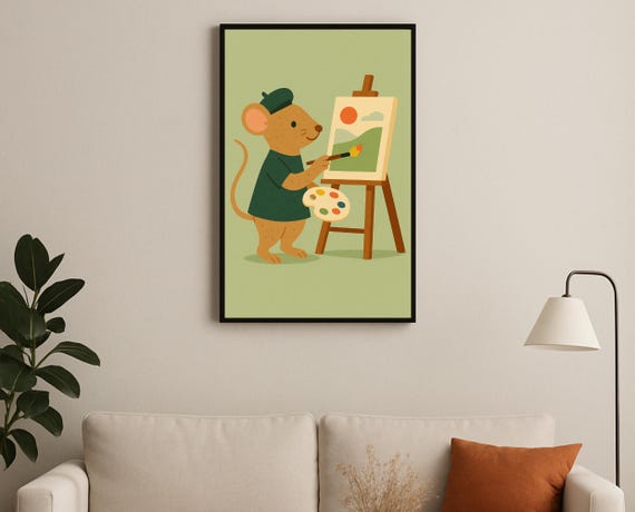 Artist Mouse Wall Art Hobby Animal Series Painter With Beret Easel For Nursery Playroom Modern Kids Room Decor