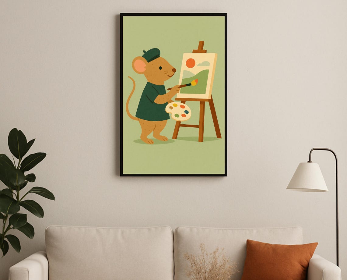 Artist Mouse Wall Art Hobby Animal Series Painter With Beret Easel For Nursery Playroom Modern Kids Room Decor