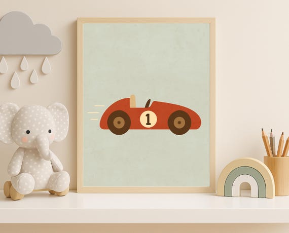 Red Race Car Wall Art Vintage Speedster Nursery Print Toddler Room Poster
