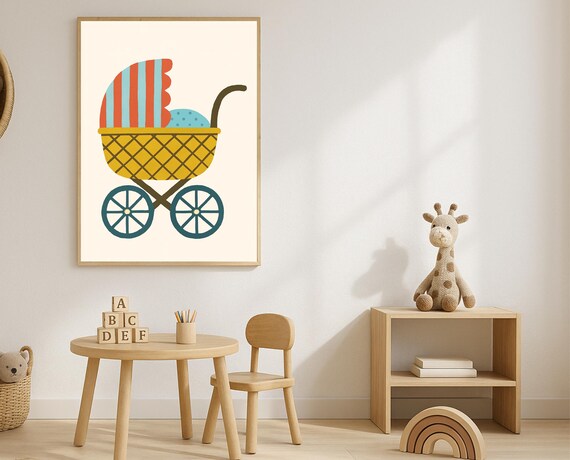 Vintage Baby Stroller Illustration Retro Carriage Nursery Decor Baby Shower Print