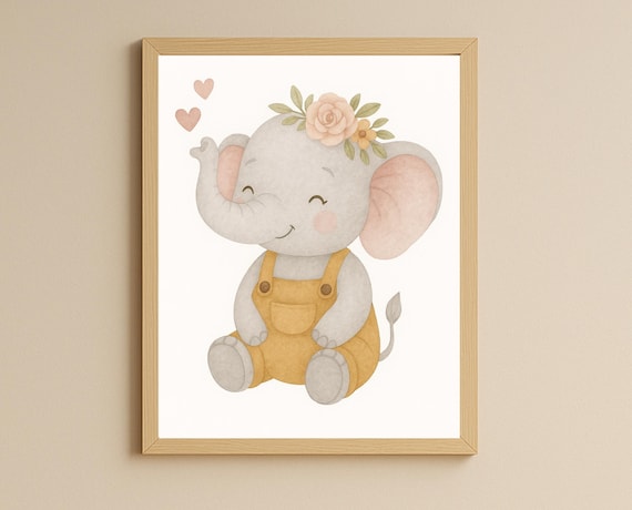 Baby Elephant in Mustard Overalls with Rose Flower Crown Poster