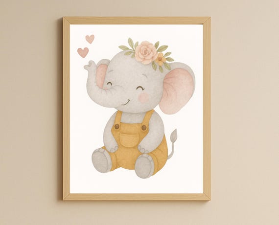 Baby Elephant Wall Art Floral Nursery Girls Room Safari Animal Decor Pastel