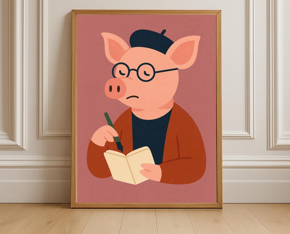 Bespectacled Writer Pig in Beret With Notebook and Pen Funny Poster
