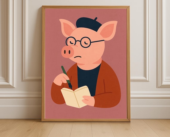 Bespectacled Writer Pig in Beret With Notebook and Pen Funny Poster
