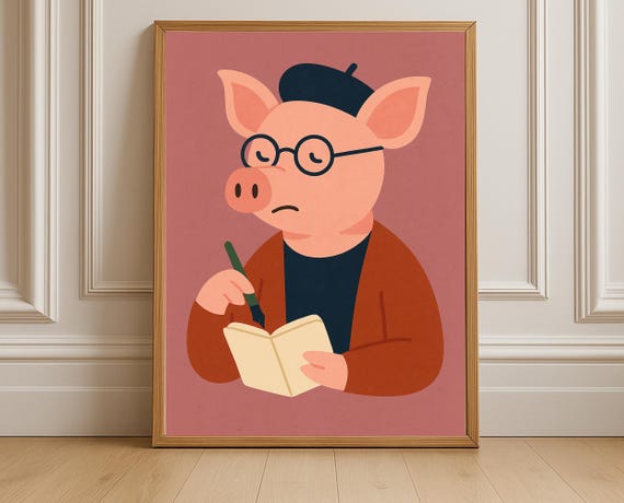 Writer Pig Wall Art Cute Hobby Animal Series Print Nursery Playroom Decor
