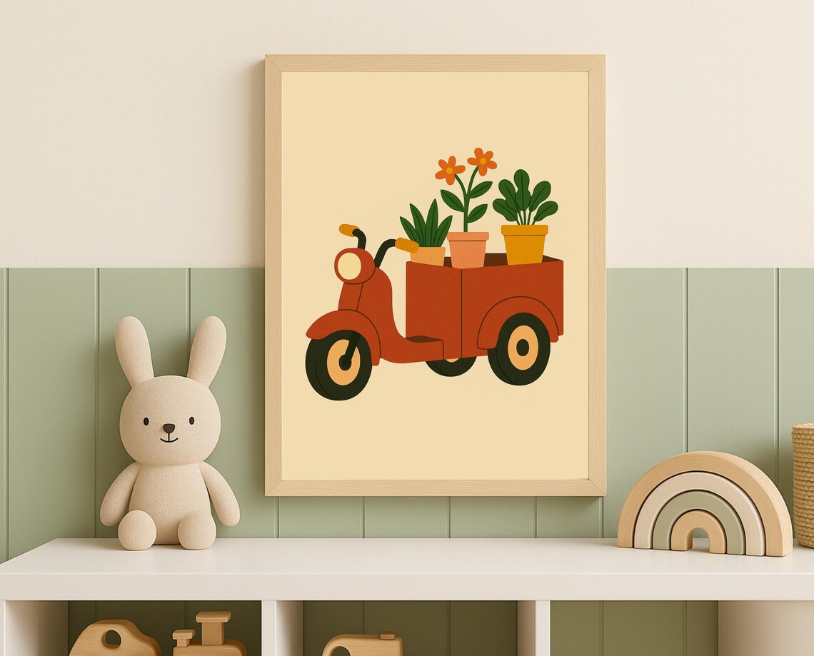 Retro Vintage Scooter With Potted Plants Cute Nursery Kids Poster