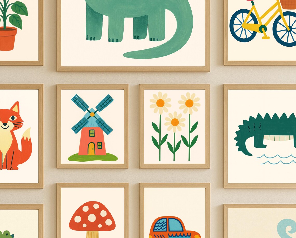 Nursery Animal, Dinosaur & Vehicle Art Print Bundle